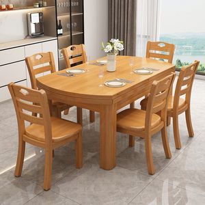Solid Wood <b>Dining</b> <b>Table</b> And Chair <b>Set</b> 6 Piece Extendable <b>Round</b> <b>For</b> Small Apartments And 6 10 People - Product Image 3
