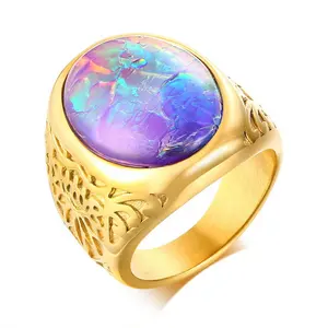Mens Unique Elephant Non Tarnish Pvd Gold Plated Stainless Steel Rough Colorful Natural Oval Opal Ring