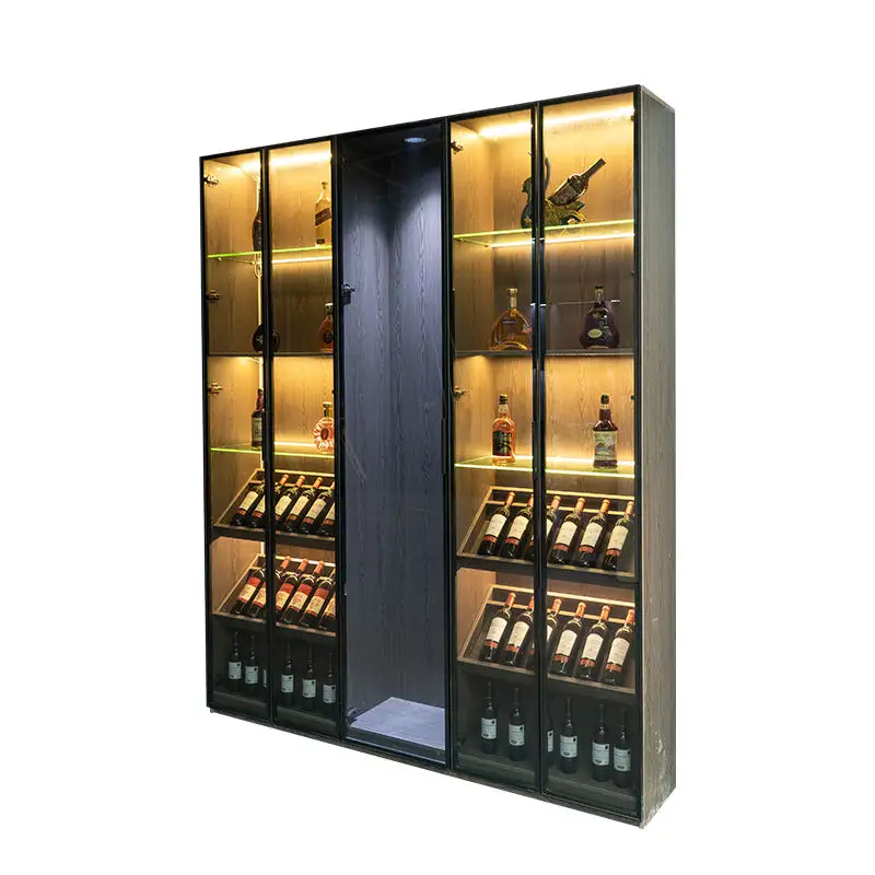 वाणिज्यिक डिजाइन लकड़ी के प्रदर्शन लक्जरी दीवार बड़े शराब शेल्फ तहखाने व्हिस्की ग्लास प्रदर्शन शराब रैक कैबिनेट