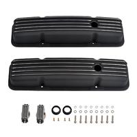 Pour Chevrolet SBC, couvercles de soupapes courts en aluminium moulé noir à ailettes, 1958-86, fixation par boulons périphériques, 283 302 305 327 350 400, bouchon de remplissage d'huile, joints