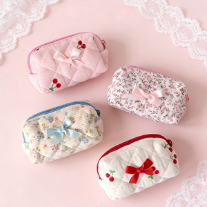 Cute Floral Quilted Mini <strong>Lipstick</strong> Bag Cotton Mini Makeup Pouch With Bow for Women Lip Gloss <strong>Case</strong> Travel Daily Beauty Accessory - Product Image 1