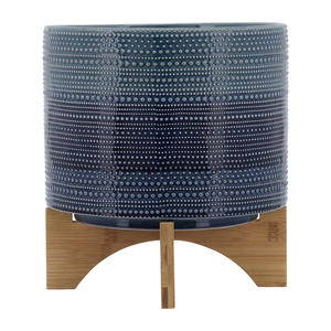 Pot de fleurs décoratif en grès cylindrique à pois avec support en bambou pour plantes d'intérieur et d'extérieur - Product Image 2
