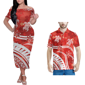 Tenue de couple polynésienne imprimé hawaïen vintage élégante chemise décontractée blanche et rouge sans bretelles ensemble de 2 pièces pour femmes et hommes - Product Image 2