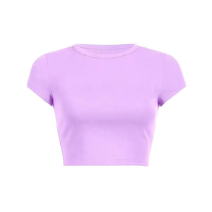 Venta al por mayor recortada de algodón Crop Women's T-shirts Workout Ladies Plain transpirable Crop Top camiseta - Product Image 3