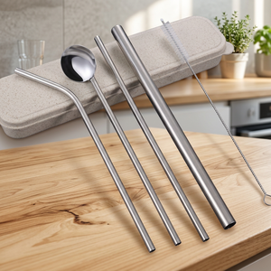Reusable <b>Metal</b> Drinking <b>Straws</b> Set 3Pcs Minimalist Travel Cutlery with Spoon and Cleaning Brush in Carry Case - Product Image 5