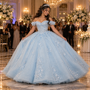Lsdz023-Pz Charming Powder <b>Blue</b> Cold Shoulder Pleated Cap Sleeve Embroidered Leaf Lace <b>Ball</b> <b>Gown</b> Quinceanera Dress Jancemebr - Product Image 2