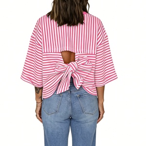 เสื้อเปิดไหล่มีโบว์ด้านหลังสำหรับผู้หญิงเสื้อคอกลมแขนสามส่วนเสื้อลำลองเสื้อยืดแฟชั่น - Product Image 6