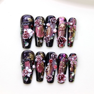 10 Uds. <span class=keywords><strong>Uñas</strong></span> Postizas <span class=keywords><strong>Acrílicas</strong></span> Reutilizables <span class=keywords><strong>con</strong></span> Base Negra, Diseño 3D de <span class=keywords><strong>Rosa</strong></span> Roja y Mariposa <span class=keywords><strong>con</strong></span> Diamantes de Imitación, Cobertura Completa, Venta al por Mayor - Product Image 6