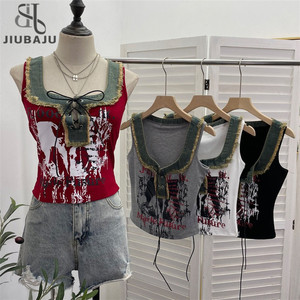 Top Corto sin Mangas con Cordones y Lazo, Estilo Retro, con Estampado y Mezcla de Mezclilla con Bordes Deshilachados para <span class=keywords><strong>Mujer</strong></span> - Product Image 1