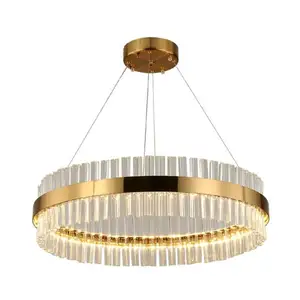 Lustre circular/lâmpada pendente/pós-moderna luz de cristal LED suspensa de teto com haste dourada, 16"/19.5"/23.5" de largura