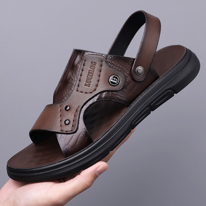 Sandalias informales de suela gruesa para hombre, zapatos de playa de cuero suave para exteriores, estilo papá de verano, sin cordones, 38-44, marrón, negro - Product Image 1