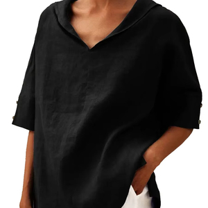 Camiseta holgada con capucha de algodón y lino de color liso para mujeres europeas y americanas - Product Image 1
