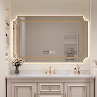 Miroir de salle de bain intelligent carré de style français, rétro européen, avec cadre en bois doré, fixation murale, éclairage LED et fonction anti-buée
