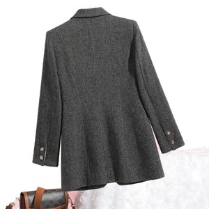 Women's Dark Gray Herringbone Blazer Mid-Length Single Button Wool Blend Casual Office Wear - Product Image 5