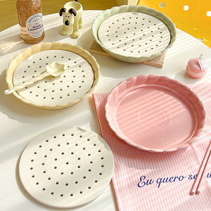 <b>Ceramic</b> Flower Shaped Dumpling Plate Oil Draining Fruit Plate Multifunctional Steamer Double Layer Baking <b>Pan</b> Steam Sheet Oil - Product Image 3