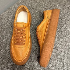 Chaussures décontractées en cuir rétro pour hommes, couleur unie marron, lacets sur le devant, talon moyen, chaussures bateau - Product Image 3