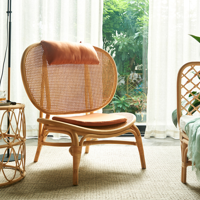 Luxury Nordic Moroccan Style Rattan Wicker Bamboo Lounge Chair with Fabric Seat for Outdoor Living Room and Hotel Furniture