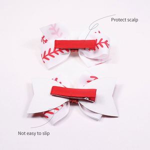 LX European American Sports Baseball Printed Hairpin <b>Red</b> Glitter Side Clip Ribbon Bowknot Full Clamp Plastic Kids 4inch Party - Product Image 4