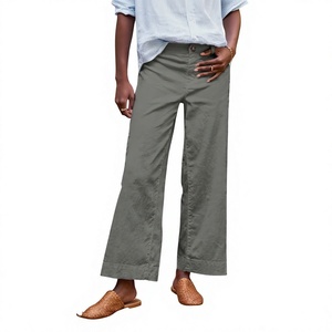 Pantalon Capri Femme Été 100% Coton Respirant Coupe Ample Taille Élastique Longueur Entière Idéal Enseignante Travail Décontracté Affaires avec Poches - Product Image 1
