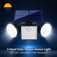 Lampe solaire murale pour cour et patio, 3 têtes rondes, 500LM, 231 LED, capteur PIR, contrôle de la lumière, micro-lumière, IP65, étanche, ABS, montage mural
