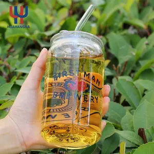 Bán buôn tùy chỉnh in 16oz 20oz Uống Thủy Tinh cà phê bia thủy tinh có thể cốc cốc với nắp nhựa và rơm