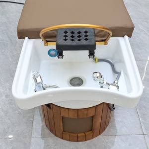 Chaise de salon de coiffure thaïlandaise avec armoire en bois, fauteuil inclinable, bac intégré, robinet doré, panneau électrique, salle de bain extérieure, spa de beauté - Product Image 5