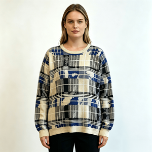 Pull en tricot pour femme, style pull-over à col rond et manches longues, motif écossais teint par pulvérisation, style tricot torsadé, pour un usage décontracté - Product Image 1