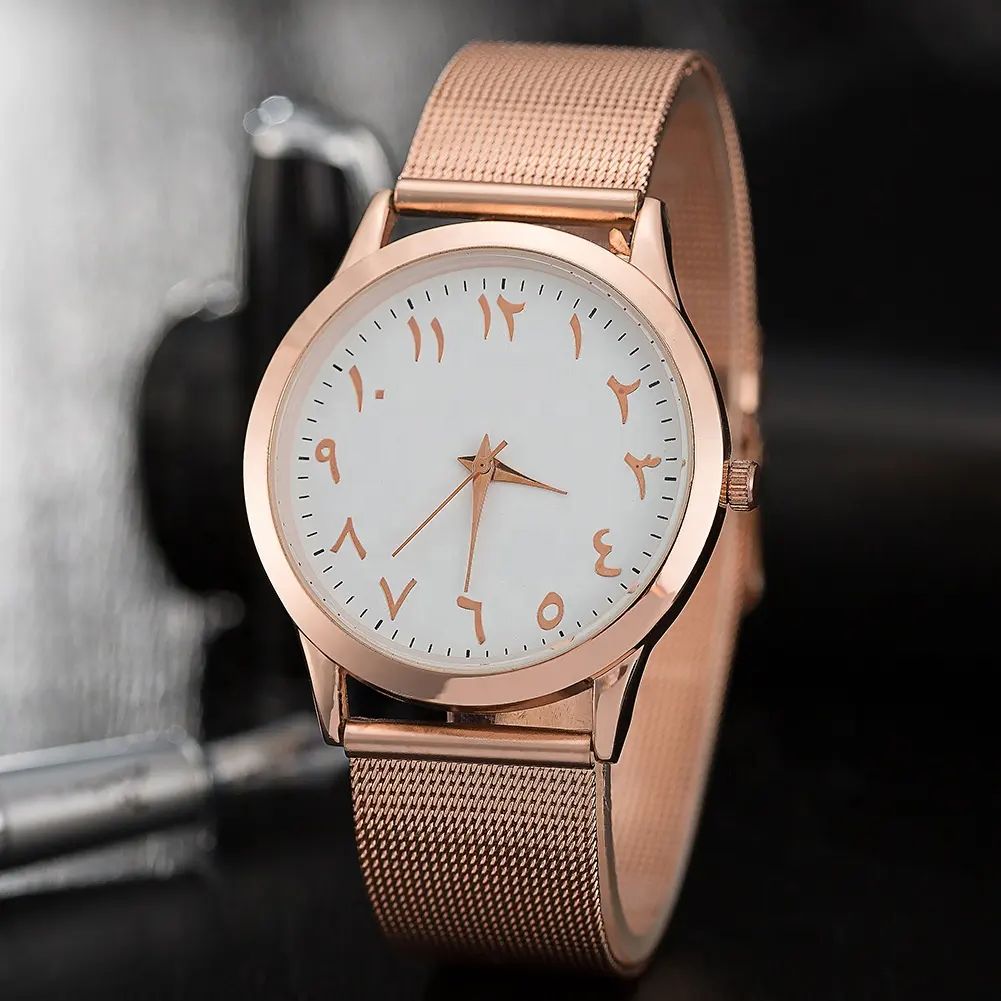 นาฬิกาข้อมือควอทซ์โรสโกลด์ของผู้หญิง,นาฬิกาตัวเลขอารบิกแนวมินิมอลสายตาข่ายสายนาฬิกาอาหรับ