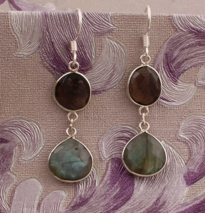 925 Sterling <b>Silver</b> Minimalist <b>Long</b> Hook Drop <b>Earrings</b> with Natural Labradorite Smokey Quartz for Wedding or Gift - Product Image 6
