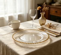 Assiette de Présentation en Plastique Transparent avec Bord Doré Perlé, Assiette de Luxe pour Décoration de Table Mariage, Banquet, Fête, Hôtel