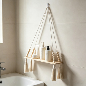 Wooden Tassel Hanging <b>Shelf</b> Rectangle Wall Mounted Bedroom Decorative Storage <b>Rack</b> For Plants And Accessories - Product Image 3