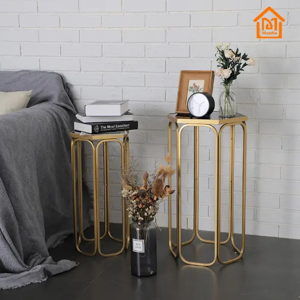 Nieuwe Collectie Hexagon Plant Stand Glas Top Gold Metal Side Tafel