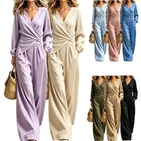 Ensemble tendance automne deux pièces pour femme LWC035, haut à col en V noué et pantalon large, tenue décontractée pour les vacances