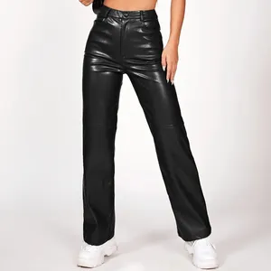 PU Pencil Pant High-Waist Stretchy Leather Women's Pants Trousers Solid PU Leather Straight Leg Pants