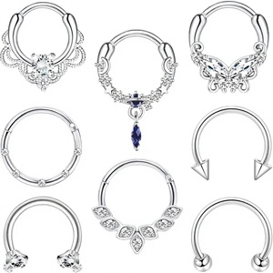 Ensemble de bijoux d'oreille en acier inoxydable 316L : Anneau de nez segmenté articulé, Zircon Marquise, Halo, Lune, Étoile, Papillon - Product Image 3