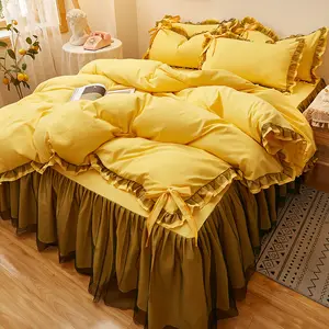 Eenvoudige Pure Kleur Polyester Strik Kant Sprei Vier Stukken Sets Koreaanse Stijl Bed Rok Quilt Cover Set