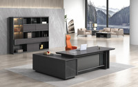 Bureau de direction en bois moderne de haute technologie en forme de L avec gestion des câbles et rangement, finition noire de luxe