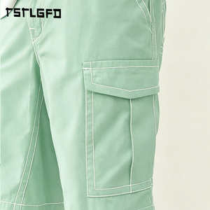 Pantalones Cortos Personalizados para Hombre, Corte Recto, Mezcla de Poliéster y Algodón, Verde Menta, Costuras en Contraste, para Verano, Casual - Product Image 4