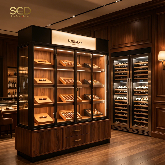 Solid Wood LED Cigar Display Cabinet Fireproof Glass Tobacco Showcase Smoke Shop Cigar Lounge Retail Store Display Fixtures