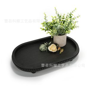Wooden Beaded Desktop <b>Tray</b> Oval Black Solid Wood <b>Storage</b> Coffee Cup Holder Decorative Plate For Home Office Use - Product Image 1