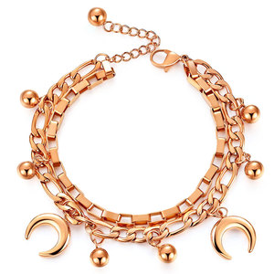 Pulsera de Cadena Cubana de Doble Capa con Cuentas de Luna, de Acero Inoxidable Dorado, Joyería de Moda para Mujer, Regalo, Accesorio para Ocasiones Especiales - Product Image 5