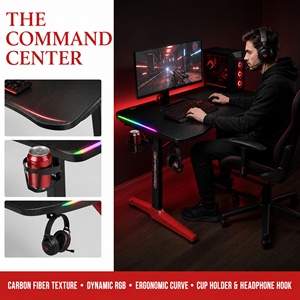 Escritorio Ergonómico para Juegos RGB, Escritorio para Computadora de Fibra de Carbono, Mesa para Jugadores en Forma de T con Soporte para Vasos y Gancho para Auriculares, Venta al por Mayor Personalizada - Product Image 4