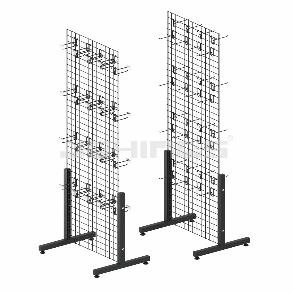 Tienda minorista Metal Wire Snack Display Rack Floor Hanging Accessories Producto Wire Mesh Grid Display Stand