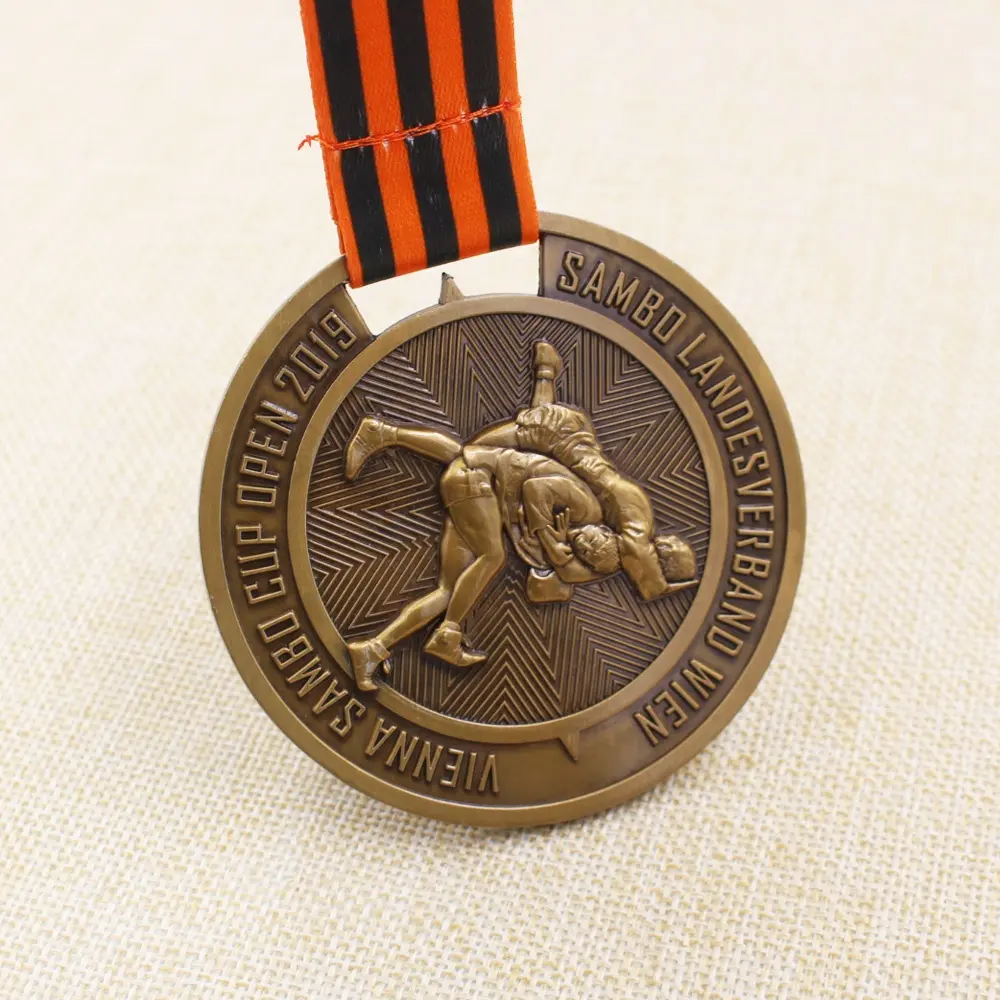 3D zinco liga material antigo ouro Viena Sambo Cup Wrestling medalha personalizada
