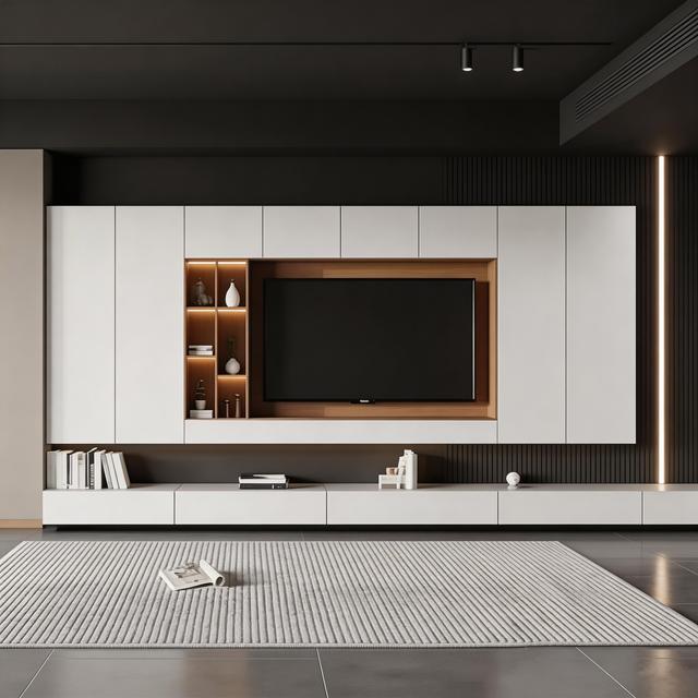 Modern TV Cabinet with LED Open Shelves and Storage White Lacquer for Living Room Custom