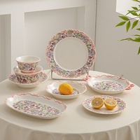 Service de table en céramique haut de gamme, motif végétal rétro, gaufré, compatible micro-ondes, avec bol, assiette, tasse et cuillère