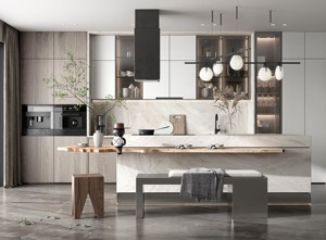 Meubles de <span class=keywords><strong>cuisine</strong></span> de luxe avec îlot, meubles de <span class=keywords><strong>cuisine</strong></span> modulaires avec comptoir en placage de bois, armoire à vin en verre avec éclairage <span class=keywords><strong>LED</strong></span> - Product Image 2