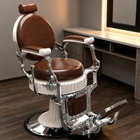 Fauteuil de barbier vintage robuste, fauteuil de barbier rétro hydraulique inclinable, fauteuil de barbier en cuir PU marron pour salon