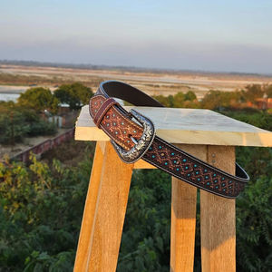 Artisan-Crafted Western Style Leather Belt with Unique Floral Design Handcrafted <b>Fashion</b> <b>Accessory</b> - Product Image 1
