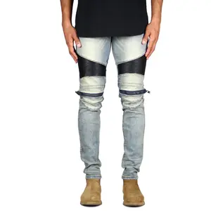 Calça jeans masculina com zíper, calça jeans da moda com zíper, slim, stretch, para motociclista, personalizada